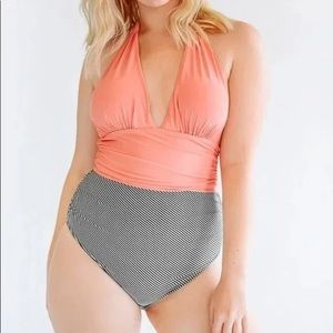 Cupshe Keeping You Accompanied Stripe One-Piece Halter Swimsuit Size XL Coral
